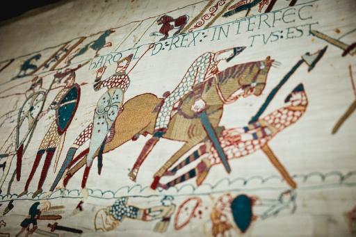 Previous plans to loan the tapestry - this panel shows depicts King Harold's death - were aborted in 1953 for the coronation of Queen Elizabeth II, and in 1966 for the 900th anniversary of the Battle of Hastings — Adrian DENNIS / AFP