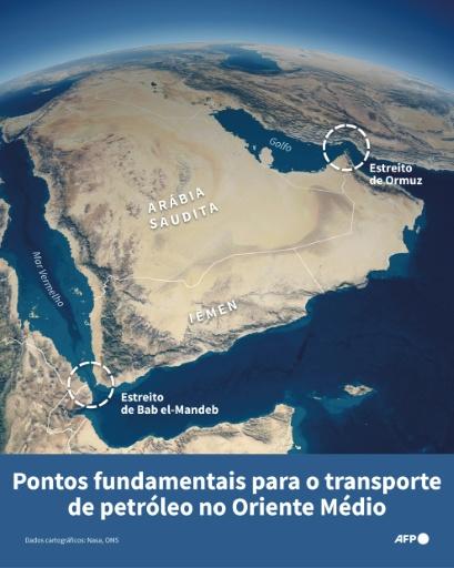 Estreitos de Ormuz e de Bab el-Mandeb, dois pontos fundamentais para o transporte de petróleo no Oriente Médio, depois que os houthis, aliados do Irã, tomaram o controle da costa do Iêmen, no mar Vermelho, em 11 de setembro de 2026. — Jonathan WALTER, Valentina BRESCHI, Guillermo RIVAS PACHECO, Renata MARTINS / AFP