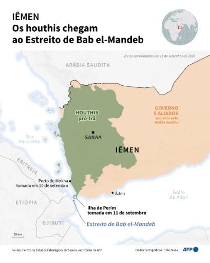 Mapa do Iêmen que mostra as zonas controladas pelas forças governamentais e os rebeldes houthis em 11 de setembro de 2026, segundo o Centro de Estudos Estratégicos de Sana'a. Os houthis, apoiados por Teerã, lançaram uma ofensiva em grande escala contra as forças governamentais iemenitas apoiadas por Riad. — Paz PIZARRO, Olivia BUGAULT / AFP