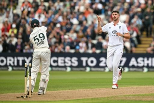 England's Josh Tongue celebrates after clean-bowling Pakistan's Saud Shakeel in the third Test at Edgbaston — Oli SCARFF / AFP