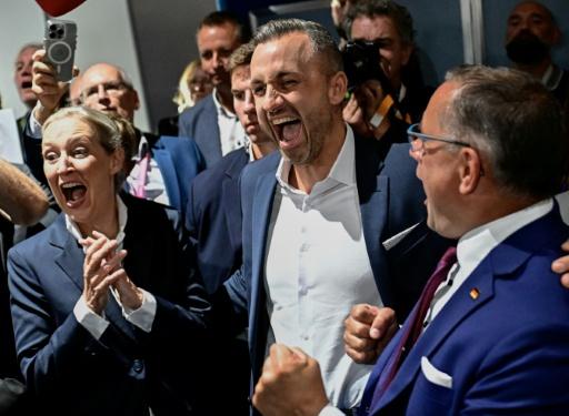 Los dirigentes de la AfD Alice Weidel, Ulrich Siegmund y Tino Chrupalla celebran la victoria de la formación ultraderechista en las elecciones regionales de Sajonia-Anhalt, el 6 de septiembre — Tobias SCHWARZ / AFP