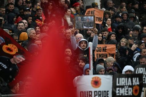 Protestors demonstrate in downtown Pristina in support of former Kosovo Liberation Army (KLA) leaders including former Kosovo President Hashim Thaci on trial at the international tribunal in The Hague on February 17, 2026. — Armend NIMANI / AFP