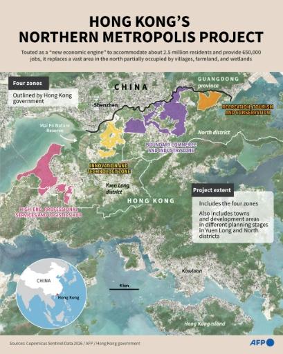 Infographic map showing the planned four zones of Hong Kong's massive development project on the border with mainland China, touted as a "new economic engine" to accommodate about 2.5 million residents and provide 650,000 jobs. — John SAEKI, Janis LATVELS / AFP