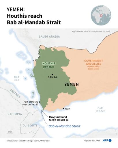 Infographic with a map of Yemen showing areas controlled by government forces and the pro-Iran Houthi rebels as of September 11, 2026, according to the Sana'a Center — Paz PIZARRO, Olivia BUGAULT / AFP