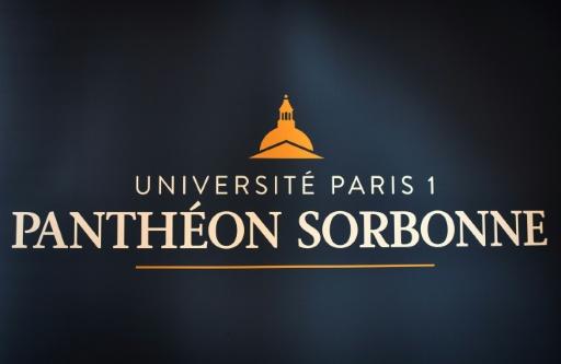 A picture taken on March 30, 2018 shows the logo of the Paris I Pantheon-Sorbonne University in Paris. — STEPHANE DE SAKUTIN / AFP