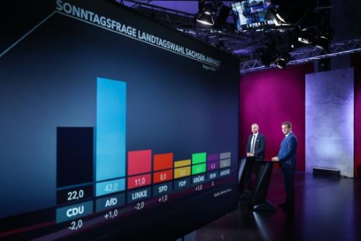 The blue bar in a TV studio graphic shows the AfD's strong poll lead over all other parties — Ronny HARTMANN / AFP