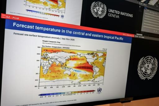Un graphique montrant l'évoluation du phénomène El Nino, lors d'une conférence de presse de l'Organisation météorologique mondiale à Genève, le 3 septembre 2026 — Fabrice COFFRINI / AFP