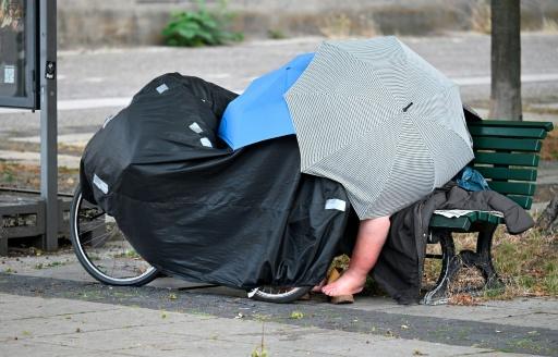 A homeless person sleeps on a Berlin park bench — RALF HIRSCHBERGER / AFP