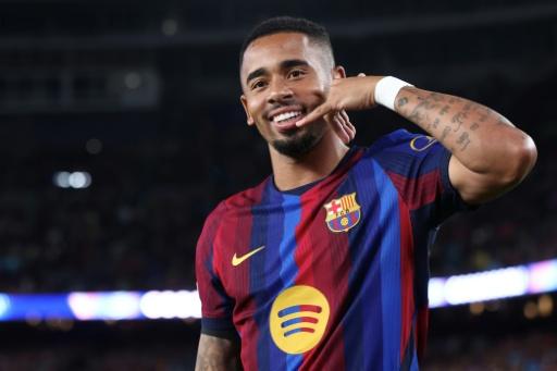 El delantero del Barcelona Gabriel Jesus celebra su gol contra el Feyenoord en el partido de la primera jornada de Champions el 9 de septiembre de 2026 en el estadio Camp Nou — Josep Lago / AFP