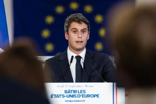 Le candidat de Renaissance à la présidentielle Gabriel Attal fait un discours dans les locaux de l'entreprise aérospatiale Latitude le 17 septembre 2026 à Reims — Sameer Al-DOUMY / AFP